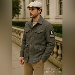 Bauhaus 1919 Wool Blend Jacket L Herringbone Patch Utility Style